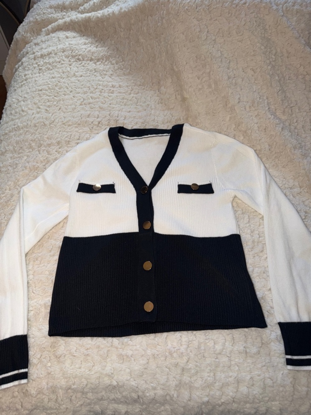 White and Navy Colorblock V‑Neck Button Sweater